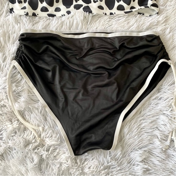 NWOT Cow Print High Waisted Bandeau Scrunch Bottom Bikini Black White - Picture 10 of 13